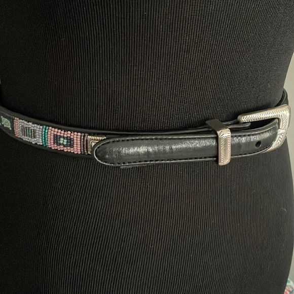 Vintage Brighton Belt southwestern beaded black leather small 28 - Picture 1 of 10
